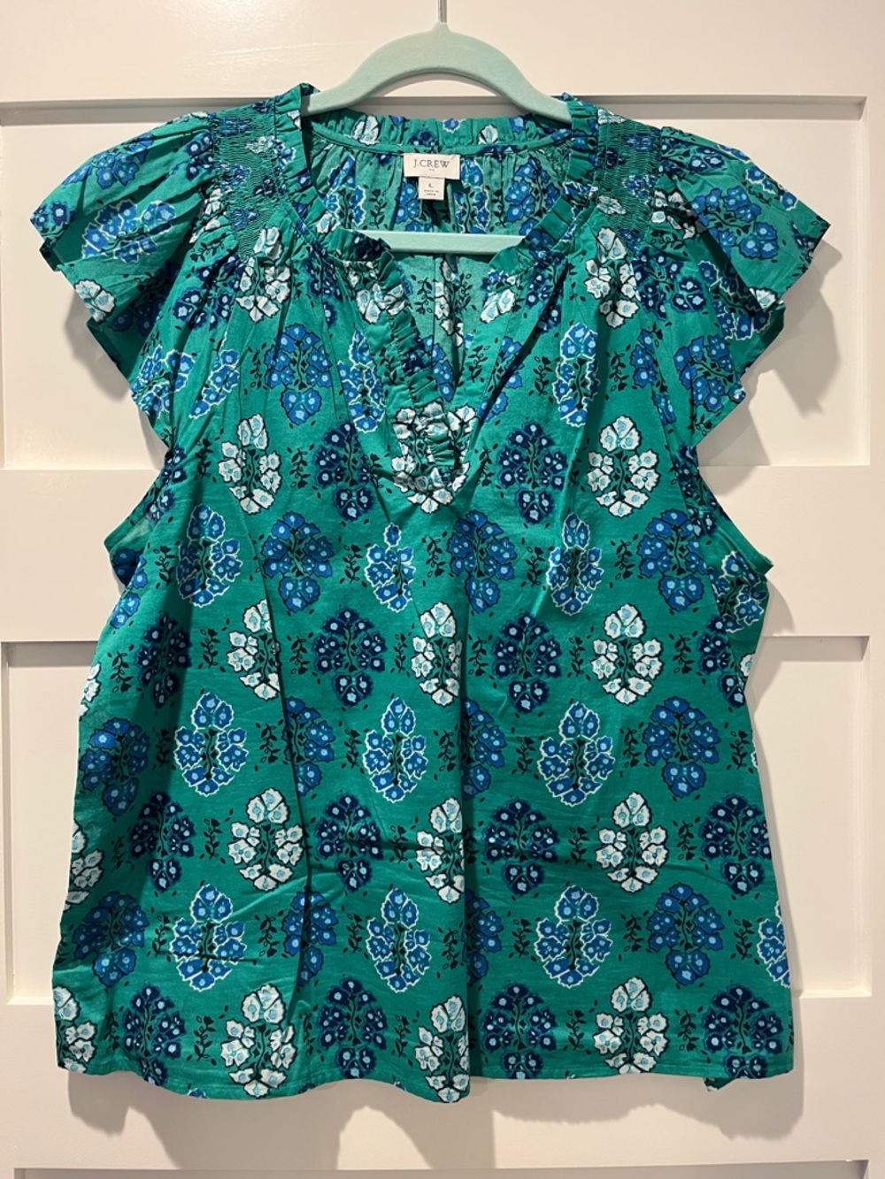 J. Crew Green Floral Ruffle Sleeve Cotton Top